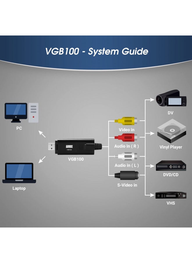 August VGB100 - External USB Video Capture Card - S Video / Composite to USB Transfer Cable - Grabber Lead for Windows 10 / 8 / 7 / Vista / XP