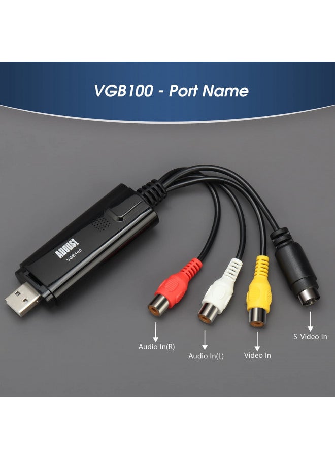 August VGB100 - External USB Video Capture Card - S Video / Composite to USB Transfer Cable - Grabber Lead for Windows 10 / 8 / 7 / Vista / XP