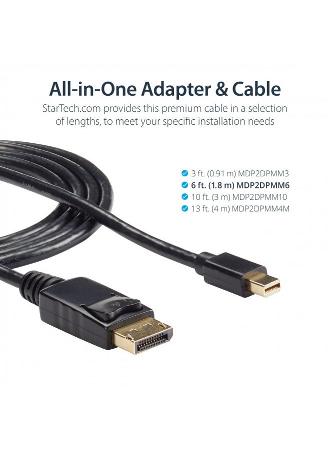 StarTech.com 6ft (2m) Mini DisplayPort to DisplayPort 1.2 Cable - 4K x 2K UHD Mini DisplayPort to DisplayPort Adapter Cable - Mini DP to DP Cable for Monitor - mDP to DP Converter Cord (MDP2DPMM6)