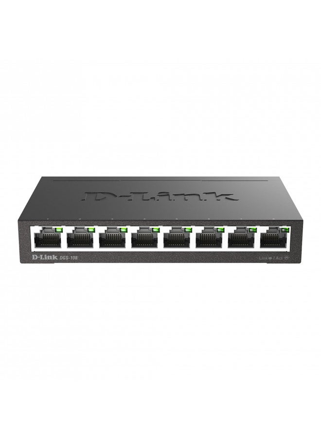 D-Link Ethernet Switch, 8 Port Gigabit Unmanaged Metal Fanless Desktop or Wall Mount Design (DGS-108), Black