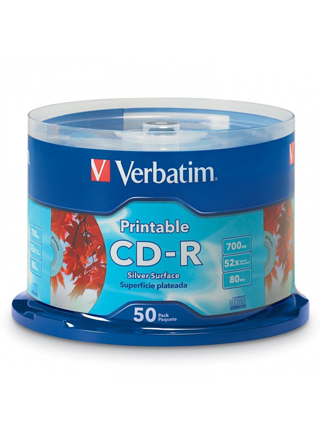 Verbatim CD-R 700MB 52X Silver Inkjet Printable - 50pk Spindle, 50-Disc (95005)