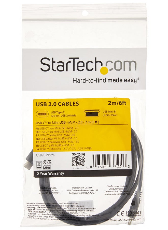 StarTech.com USB C to Mini USB Cable - 6 ft / 2m - M/M - USB 2.0 - Mini USB Cord - USB C to Mini B Cable - USB Type C to Mini USB (USB2CMB2M)