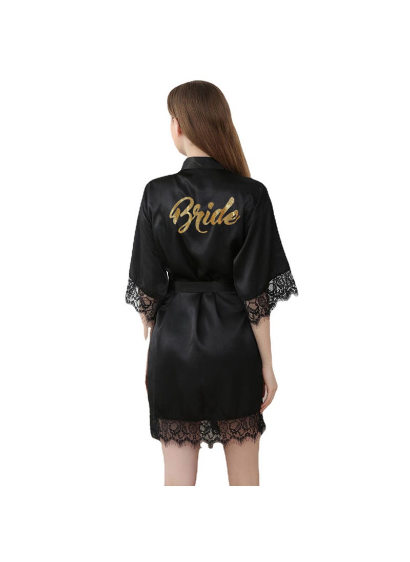 1 x 5 pcs Luxurious Gold Letter Bride Satin Robe with Lace Trim Black