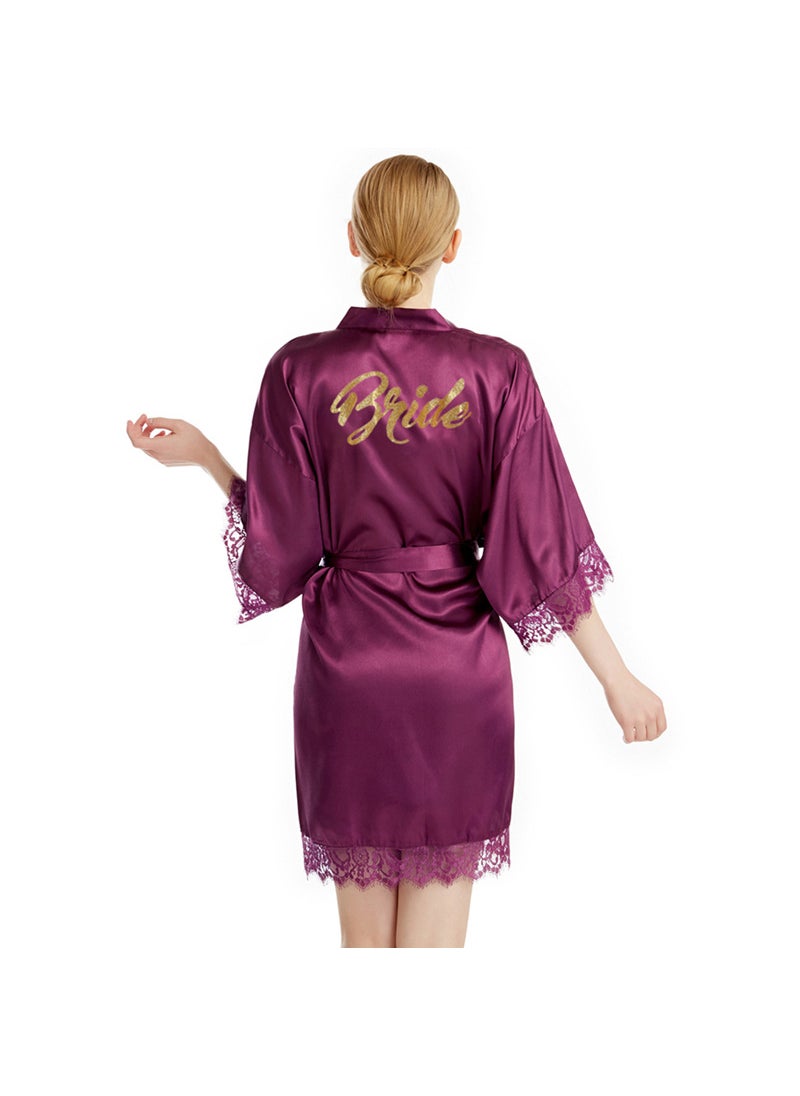 1 x 5 pcs Luxurious Gold Letter Bride Satin Robe with Lace Trim Dark purple