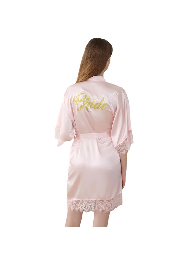 1 x 5 pcs Luxurious Gold Letter Bride Satin Robe with Lace Trim Pink meat