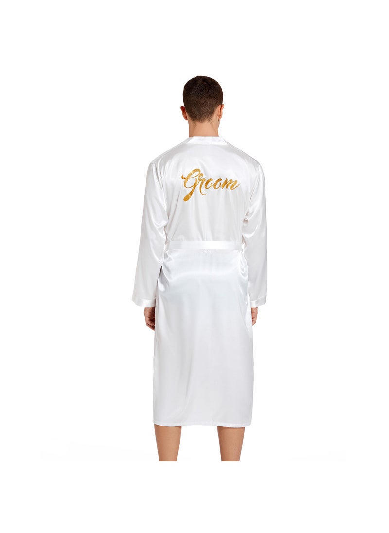 Mens Gold Letter Groom Bathrobe for Wedding White