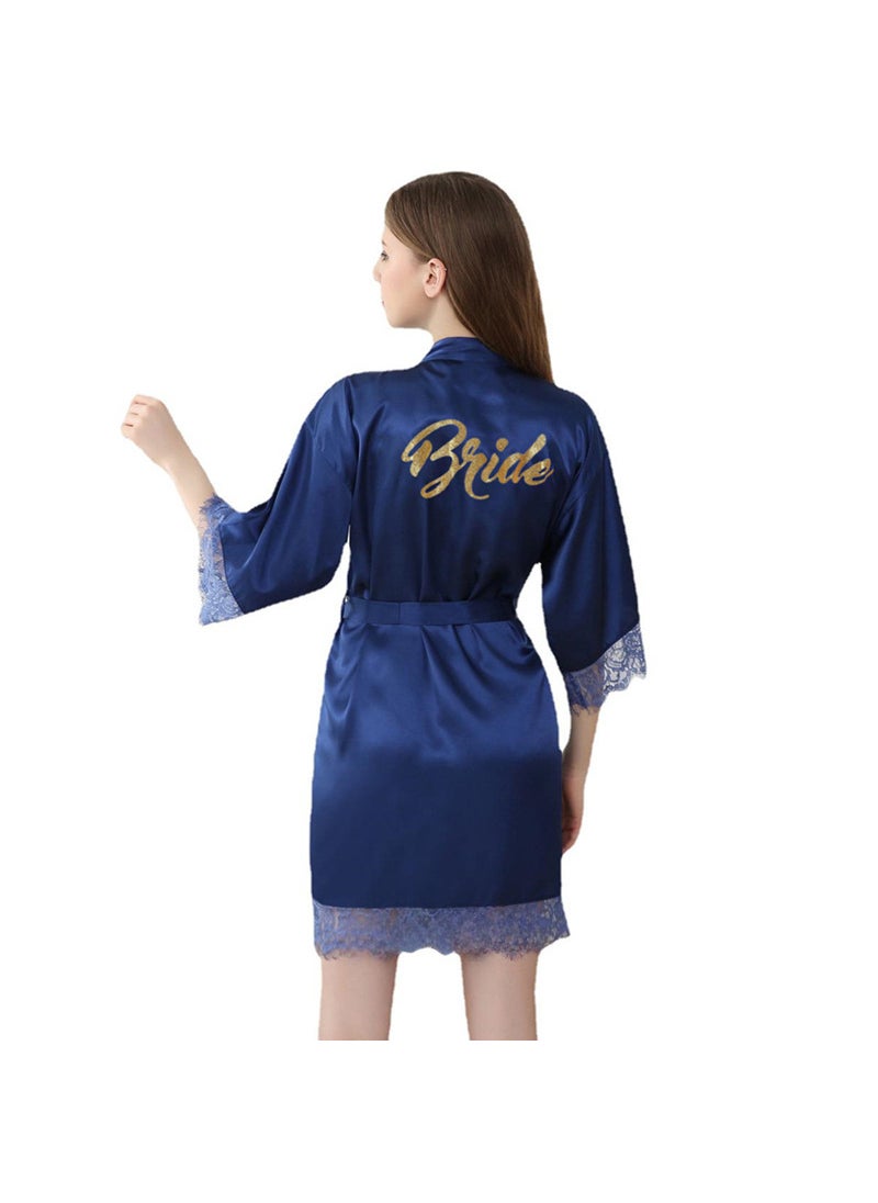 1 x 5 pcs Luxurious Gold Letter Bride Satin Robe with Lace Trim Dark Blue