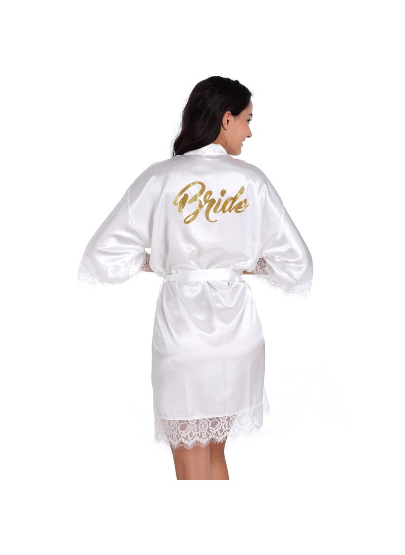 1 x 5 pcs Luxurious Gold Letter Bride Satin Robe with Lace Trim White