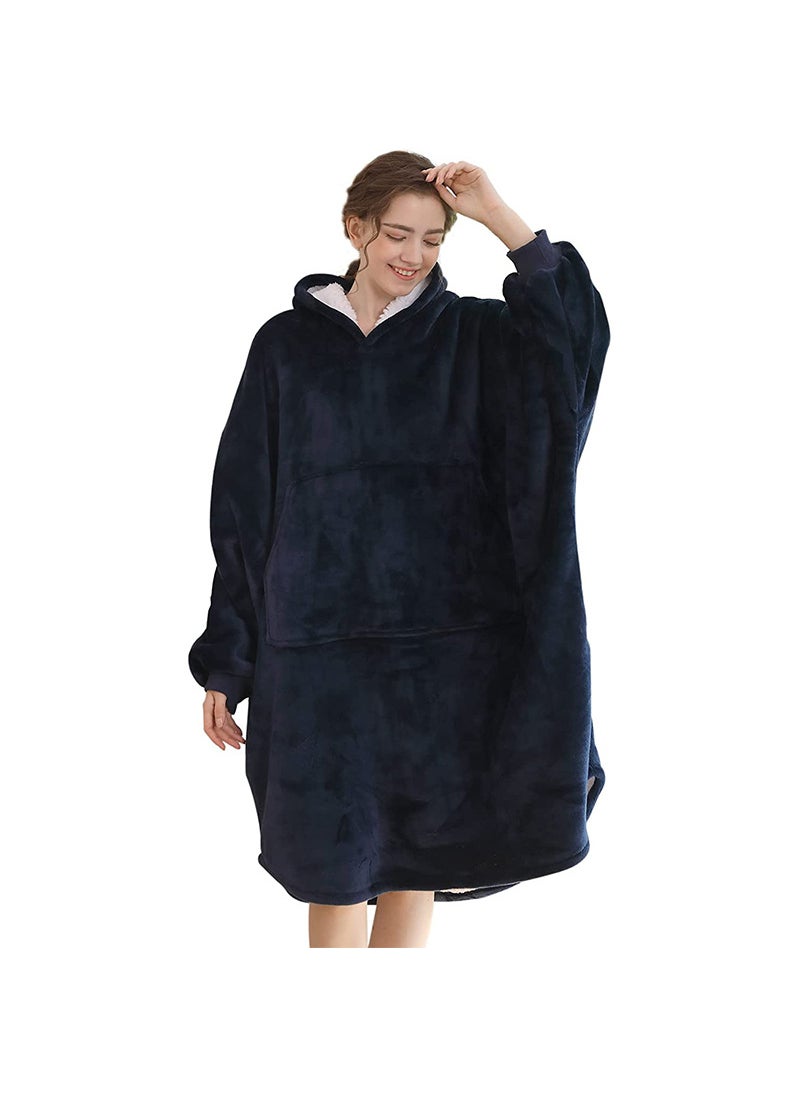 1 x 5 pcs Winter Hooded Fleece Bathrobe Unisex Batwing Sleeves Outerwear Navy blue