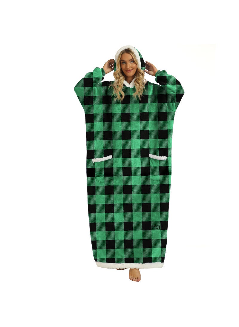 Green and Black Plaid Hooded Casual Blanket Poncho with Pockets Green black plaid