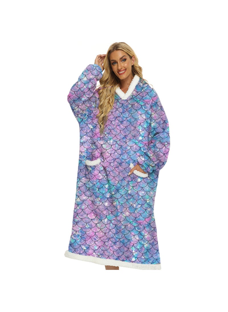 Green and Black Plaid Hooded Casual Blanket Poncho with Pockets Blue fish scale