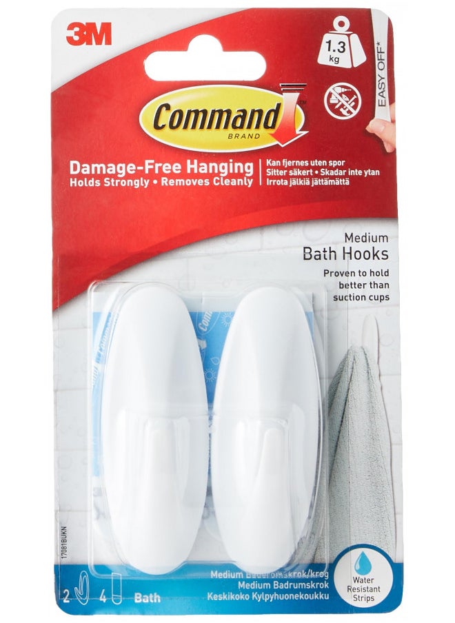 Command Designer Bath Hooks, Medium, White, 2-Hooks with Water-Resistant Strips (17081B-ES), Organize your dorm