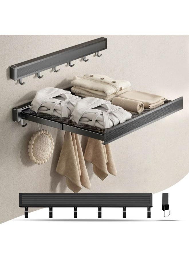 Collapsible Mesh Cothes Drying Rack for Bathroom , Wall Mounted Folding Clothes Drying rack, Space Saver Aluminium Drying Rack with 8 Towel Hooks,  Indoor & Outdoor Foldable Towel Shelf 60cm