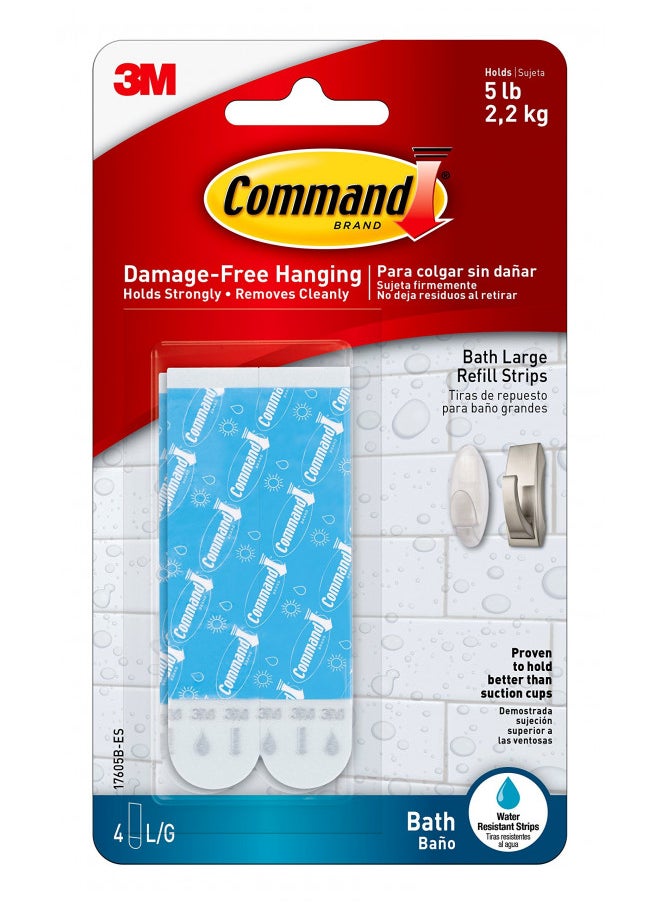 Command Bath Large Water-Resistant Adhesive Refill Strips, 4-Large Strips, Re-Hang Large Bath Hooks or Caddies