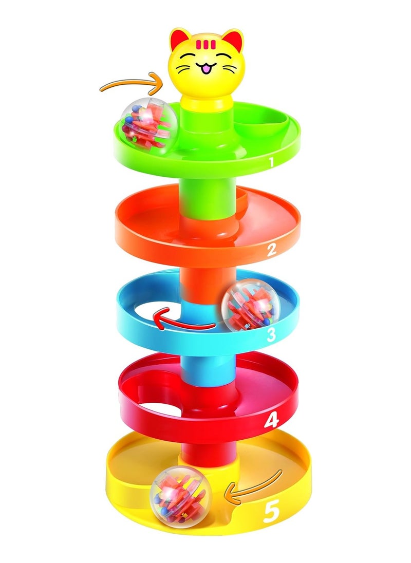 5-Layer Ball Drop and Roll Swirling Tower – Educational Stack & Go Ball Ramp Toy for Baby & Toddler Development | Includes 3 Acrylic Spinning Balls with Colorful Beads