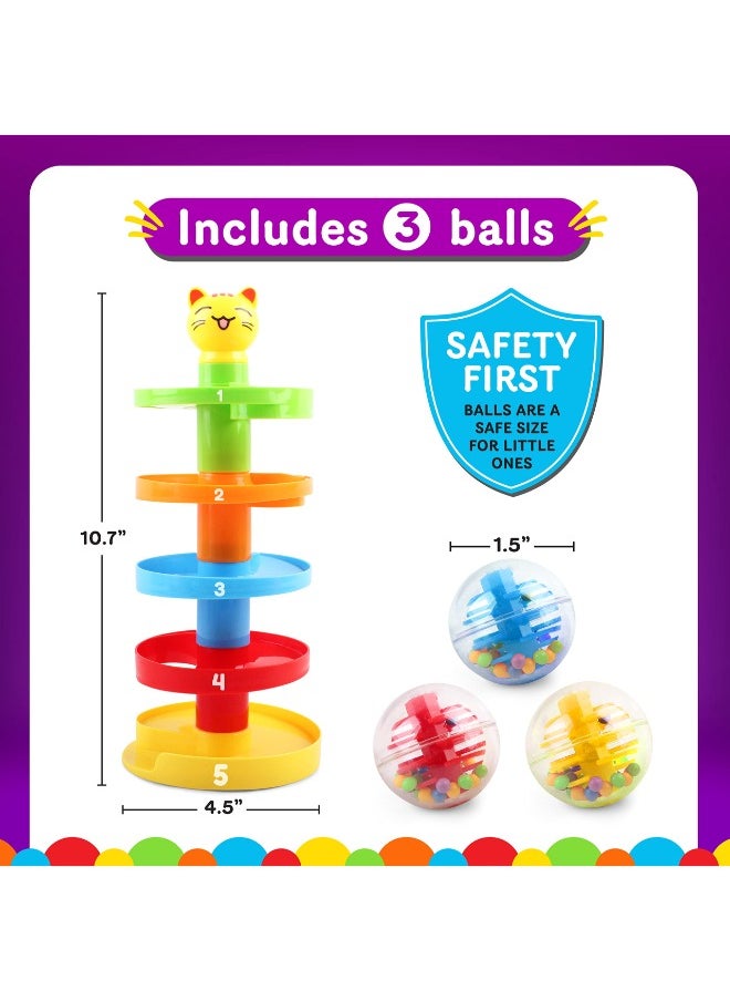 5-Layer Ball Drop and Roll Swirling Tower – Educational Stack & Go Ball Ramp Toy for Baby & Toddler Development | Includes 3 Acrylic Spinning Balls with Colorful Beads