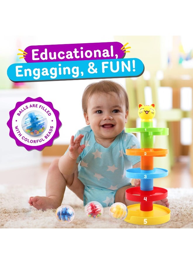 5-Layer Ball Drop and Roll Swirling Tower – Educational Stack & Go Ball Ramp Toy for Baby & Toddler Development | Includes 3 Acrylic Spinning Balls with Colorful Beads