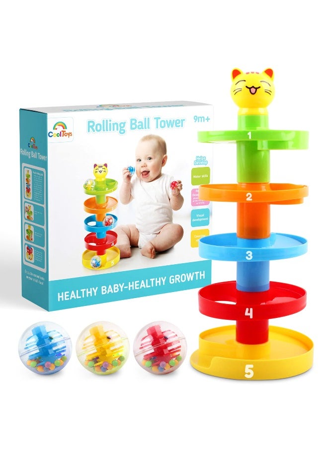 5-Layer Ball Drop and Roll Swirling Tower – Educational Stack & Go Ball Ramp Toy for Baby & Toddler Development | Includes 3 Acrylic Spinning Balls with Colorful Beads