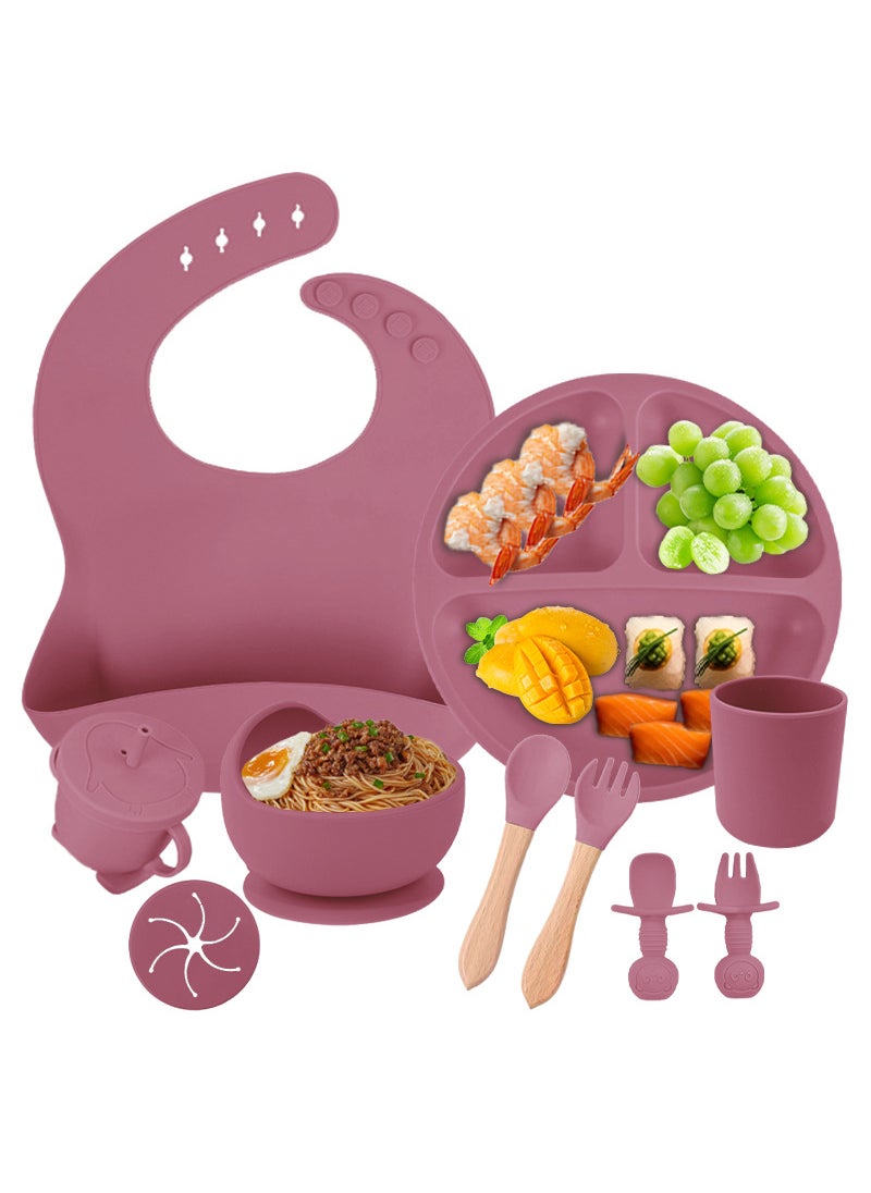 Baby Silicone Feeding Set Suction Bowl Deep pink ten-piece set