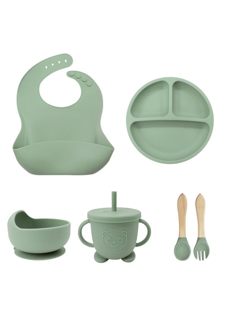 Kids Silicone Dinnerware 5-Piece Set 6 pcs (bib small sucker bowl bear cup wooden fork spoon): army green