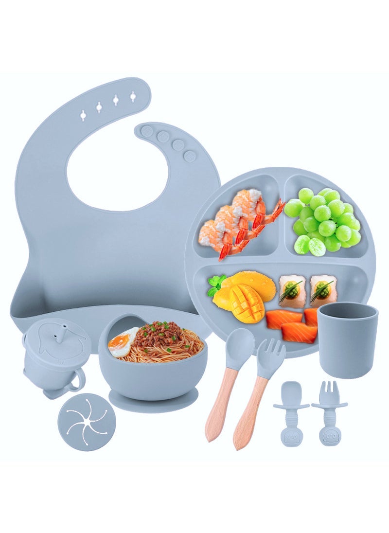 Baby Silicone Feeding Set Suction Bowl Gray blue ten piece set