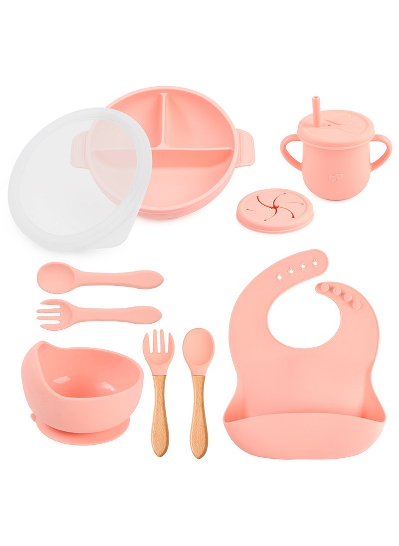 In Stock Childrens Dinner Plate Split Plate Baby Suction Type Silicone Bowl Set Childrens Food Supplemented Silicone Suction Bowl Y12 round partition bowl + lid + silicone bowl + saliva pocket + Love Cup + snack cup lid + wooden handle spoon Fork + silicone spoon Fork