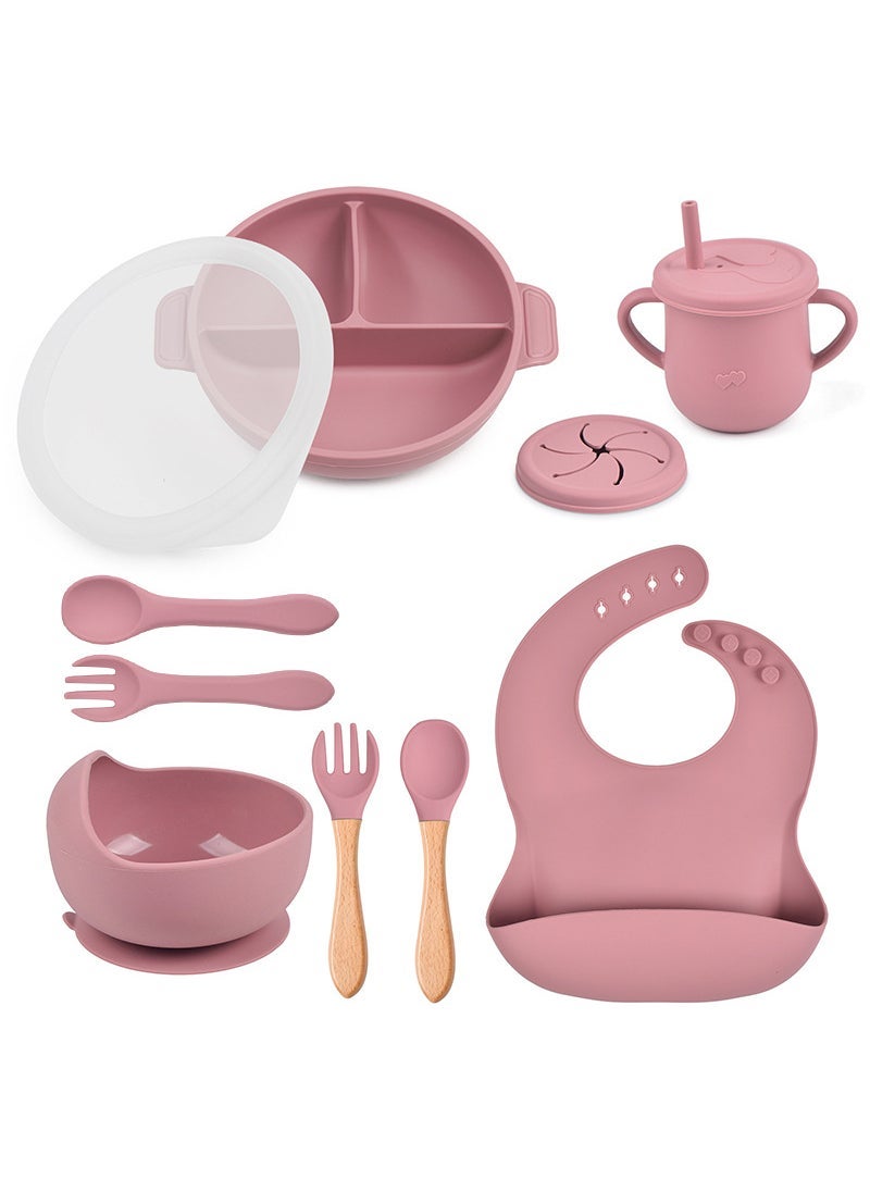 In Stock Childrens Dinner Plate Split Plate Baby Suction Type Silicone Bowl Set Childrens Food Supplemented Silicone Suction Bowl Y19 round partition bowl + lid + silicone bowl + drool pocket + Love Cup + snack cup lid + wooden handle spoon Fork + silicone spoon Fork