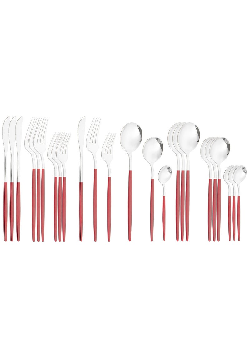 1 x 5 pcs 24-Piece Stainless Steel Cutlery Set Red and silver 24-piece set