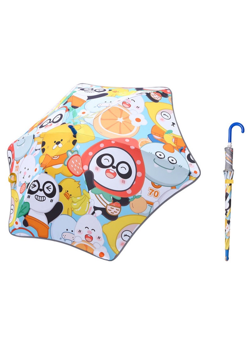 Cute Cartoon Pattern Children'S Umbrella, Black Plastic Material Dual-Purpose Umbrella, Suitable For Boys And Girls, Elementary School Students, Babies And Kindergartens, Large Long Handle With Pulleys, Reflective Rounded Corners (Fruit Blue)