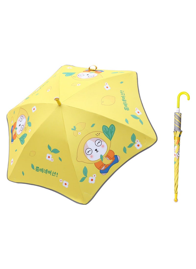 Cute Cartoon Pattern Children'S Umbrella, Black Plastic Material Dual-Purpose Umbrella, Suitable For Boys And Girls, Elementary School Students, Babies And Kindergartens, Large Long Handle With Pulleys, Reflective Rounded Corners (Lemon Dog)