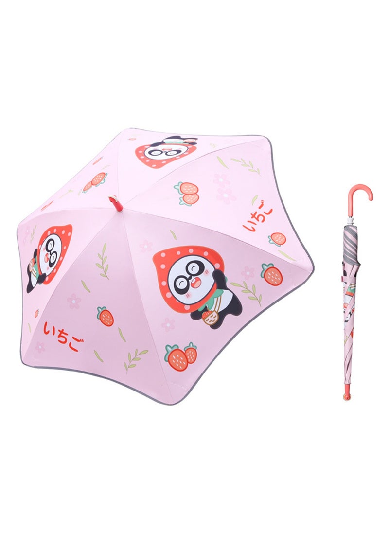 Cute Cartoon Pattern Children'S Umbrella, Black Plastic Material Dual-Purpose Umbrella, Suitable For Boys And Girls, Elementary School Students, Babies And Kindergartens, Large Long Handle With Pulleys, Reflective Rounded Corners (Strawberry Bear)