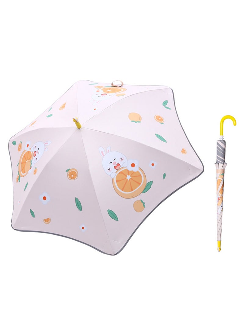 Cute Cartoon Pattern Children'S Umbrella, Black Plastic Material Dual-Purpose Umbrella, Suitable For Boys And Girls, Elementary School Students, Babies And Kindergartens, Large Long Handle With Pulleys, Reflective Rounded Corners (Orange Rabbit)