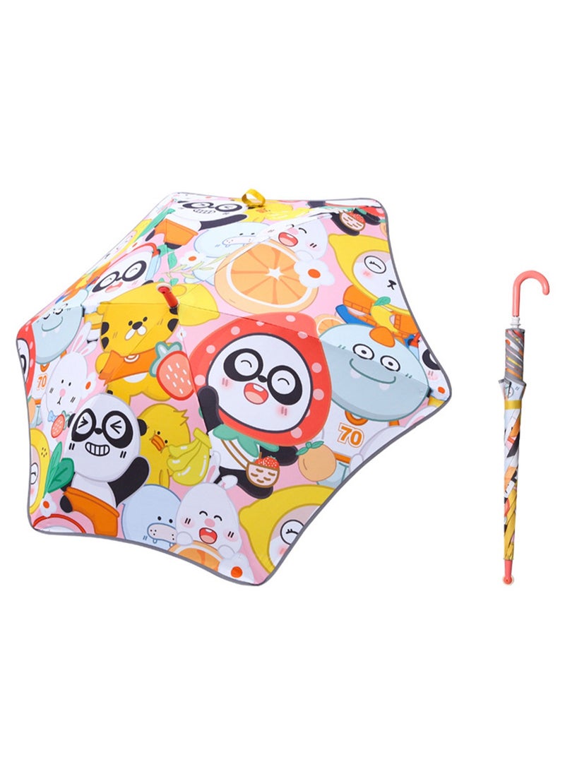 Cute Cartoon Pattern Children'S Umbrella, Black Plastic Material Dual-Purpose Umbrella, Suitable For Boys And Girls, Elementary School Students, Babies And Kindergartens, Large Long Handle With Pulleys, Reflective Rounded Corners (Fruit Pink)