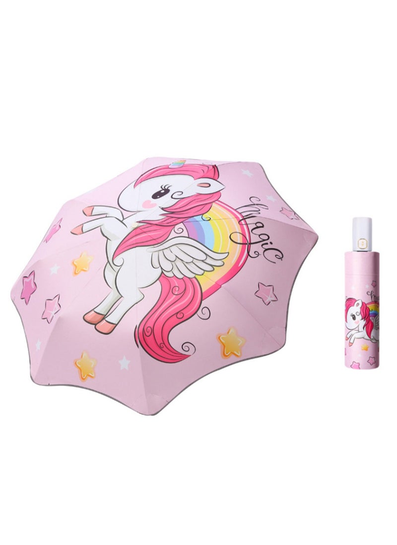 Cute Cartoon Pattern Children's Umbrella Vinyl Material Dual-Purpose Umbrella Suitable for Boys and Girls Over 10 Years Old, Anti-Rebound Automatic Retractable Umbrella with Pulleys Reflective Rounded Corners (Pink Pony)