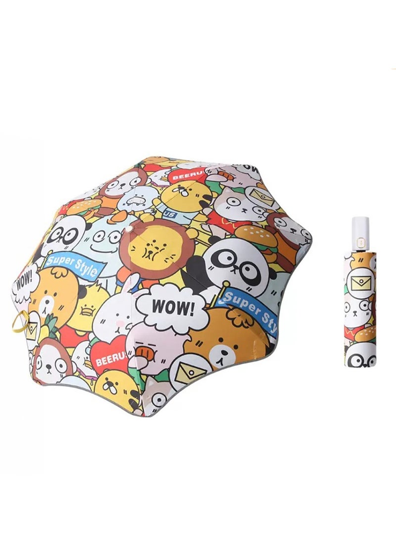 Cute Cartoon Pattern Children's Umbrella Vinyl Material Dual-Purpose Umbrella Suitable for Boys and Girls Over 10 Years Old, Anti-Rebound Automatic Retractable Umbrella with Pulleys Reflective Rounded Corners (Animal World)