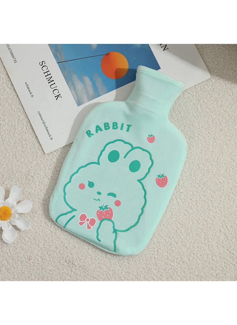 1 x 5 pcs Plush Rubber Hot Water Bag Autumn Winter Cartoon Thicken Leakproof Green Rabbit 1000ml