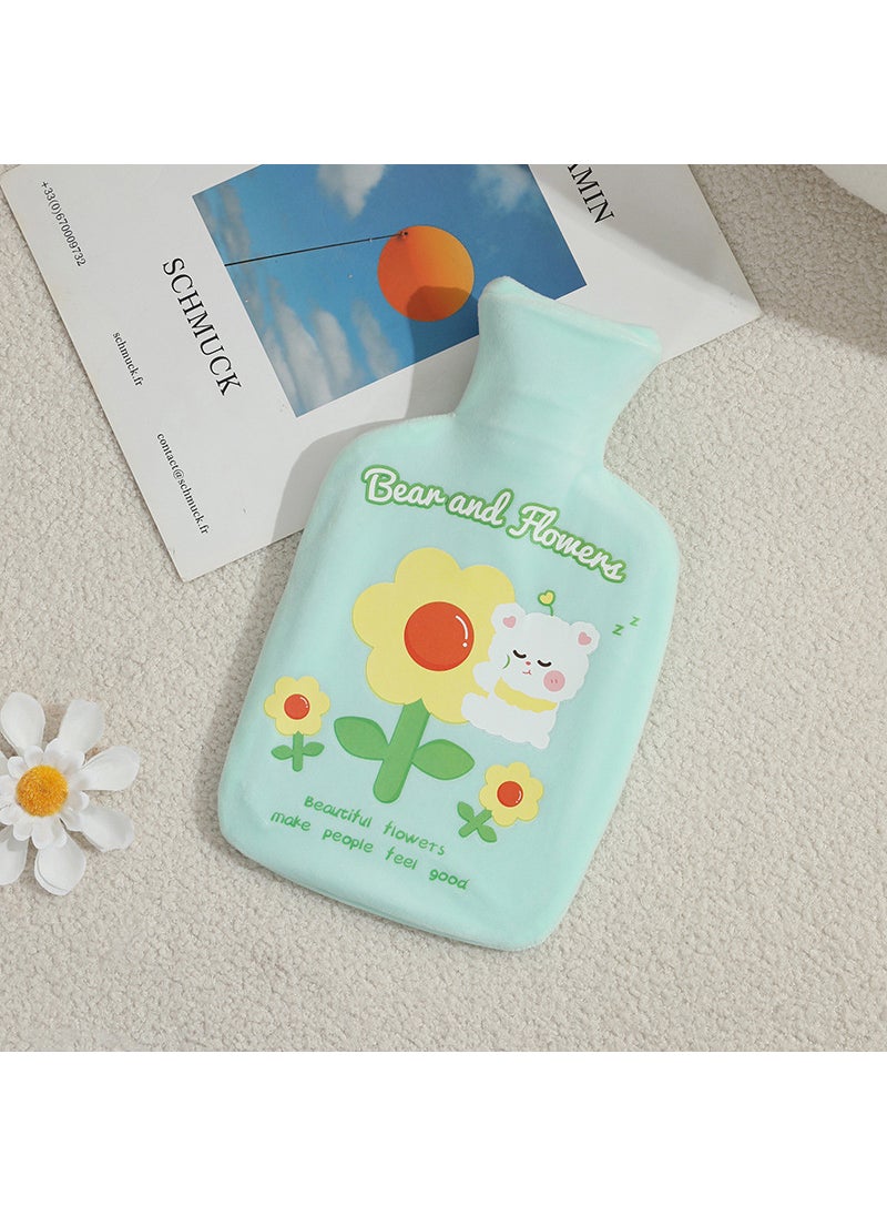 1 x 5 pcs Plush Rubber Hot Water Bag Autumn Winter Cartoon Thicken Leakproof Small green flowers 1000ml