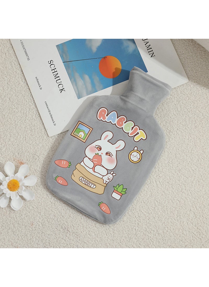 1 x 5 pcs Plush Rubber Hot Water Bag Autumn Winter Cartoon Thicken Leakproof Gray Rabbit 1000ml