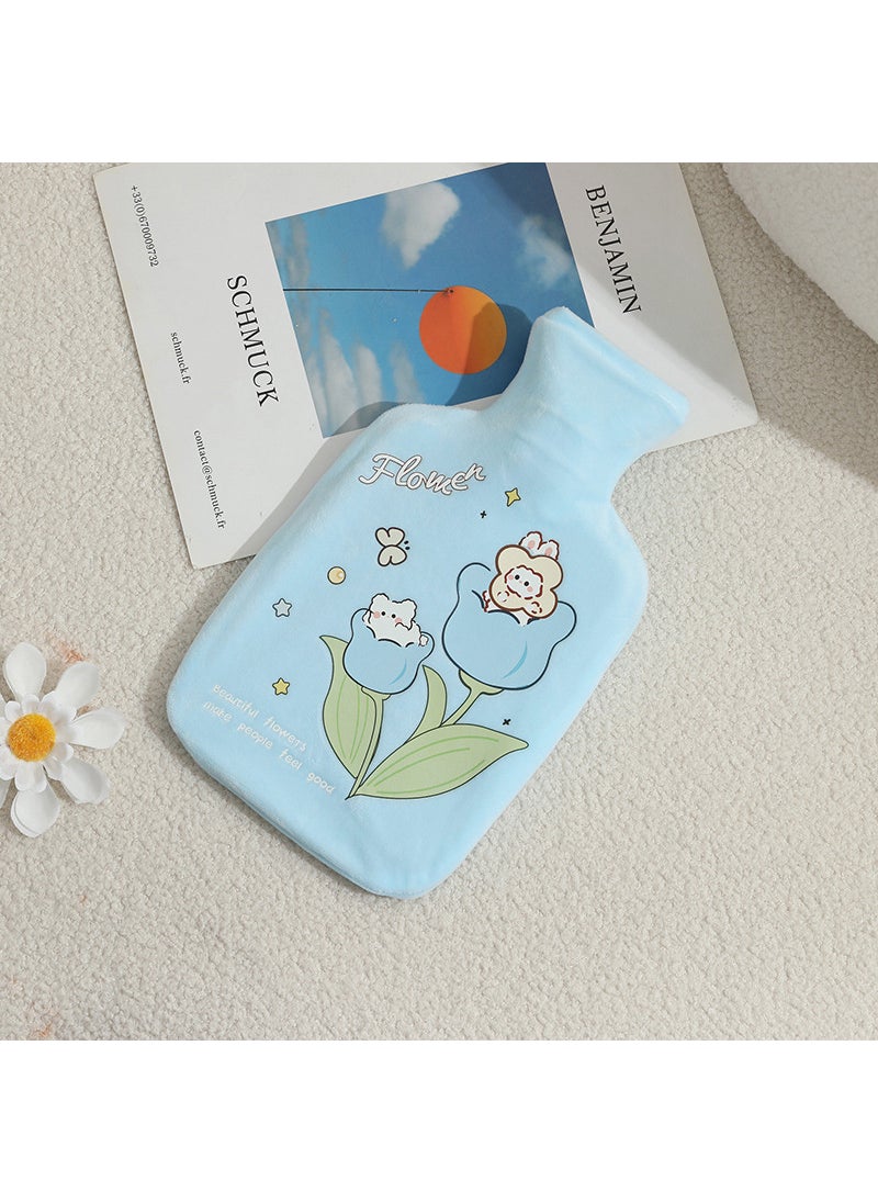 1 x 5 pcs Plush Rubber Hot Water Bag Autumn Winter Cartoon Thicken Leakproof Blue floret 1000ml