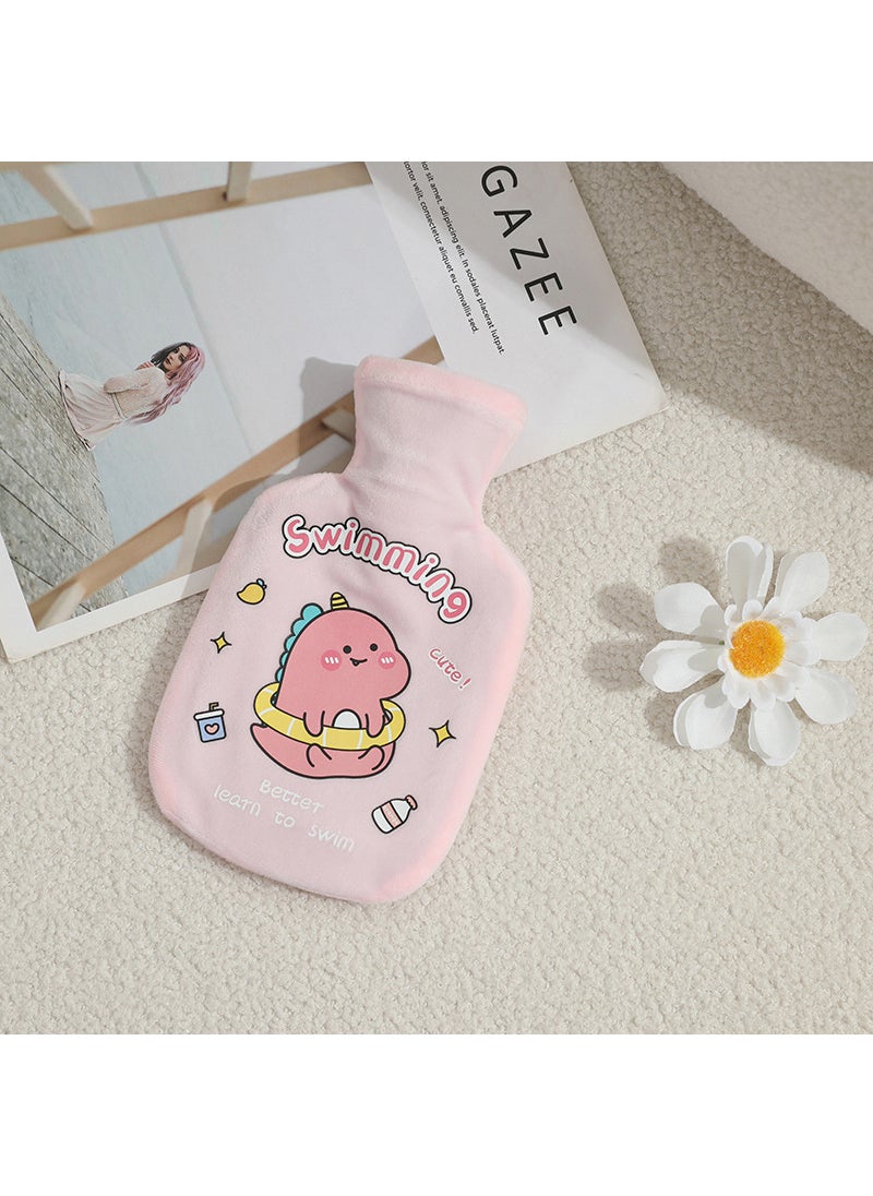 1 x 5 pcs Plush Rubber Hot Water Bag Autumn Winter Cartoon Thicken Leakproof Pink Dinosaur 350ml