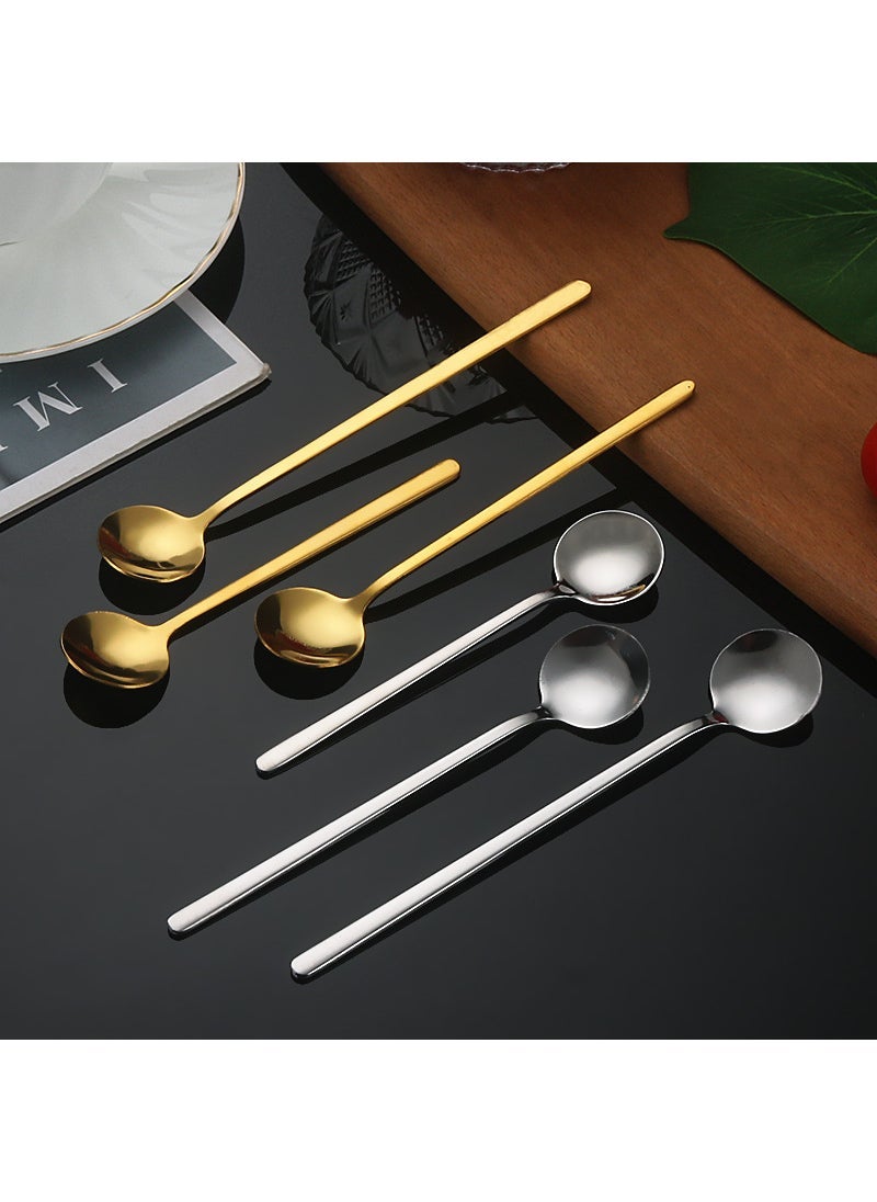 Stainless Steel Small Round Spoon Restaurant Long Handle Coffee Mixing Spoon Internet Popular Korean-style Spoon Household Gift Coffee Spoon