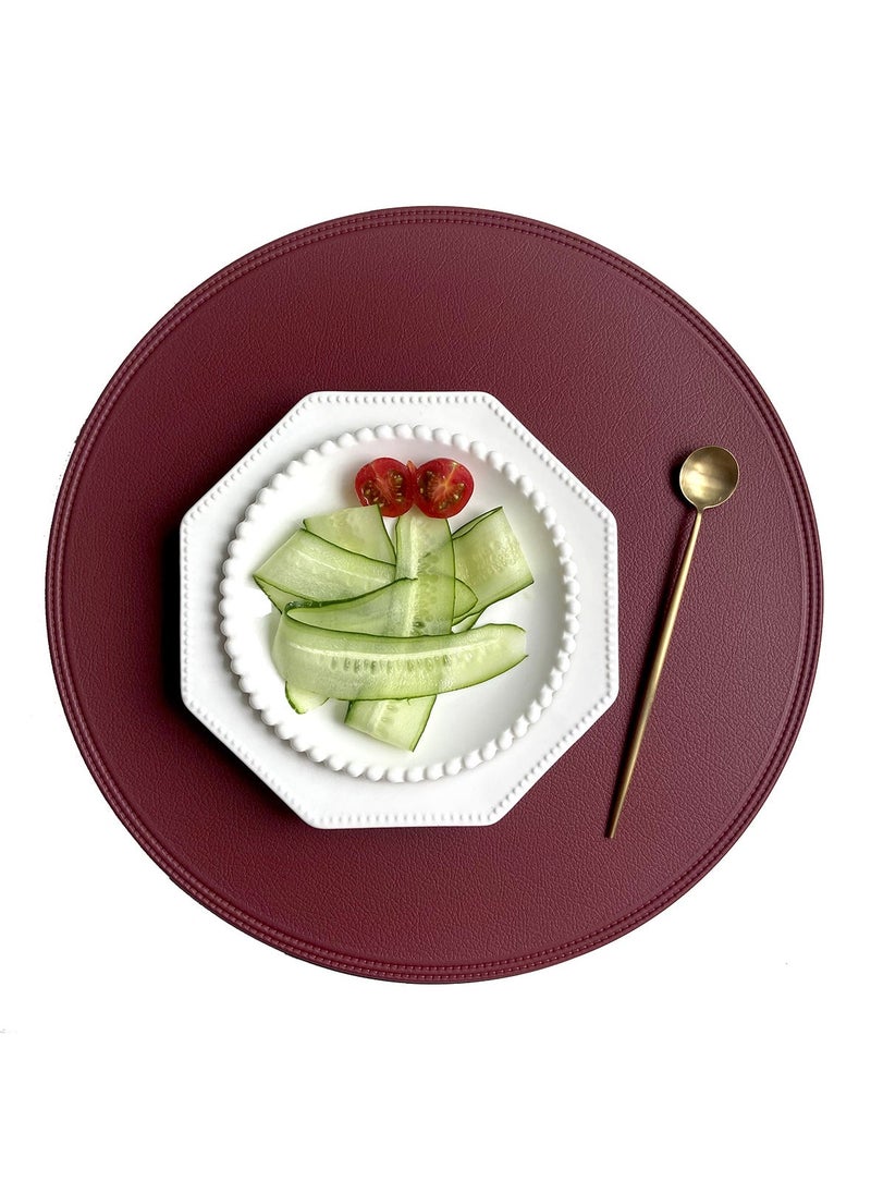 Imitation leather flower placemat waterproof oil-proof Western tableware mat Christmas red green decorative insulation mat round embossed plate mat Pressed edge imitation leather round wine red