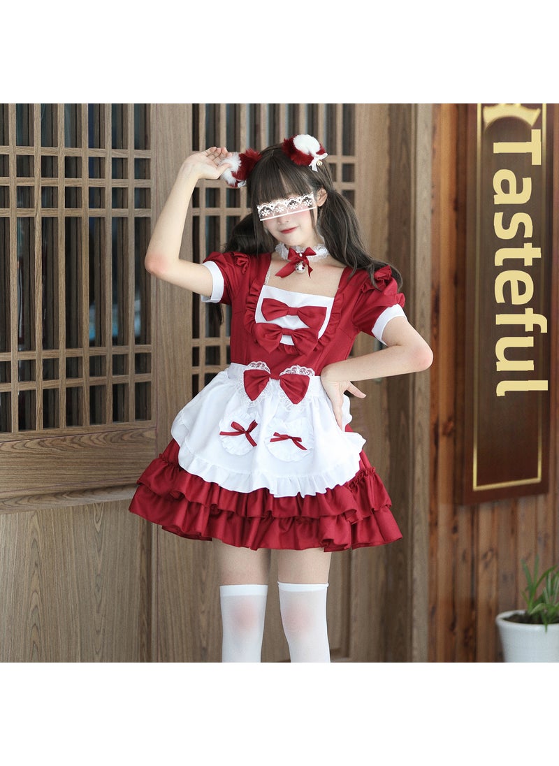 Cute Pink Maid Costume Dress Cosplay Outfit Burgundy