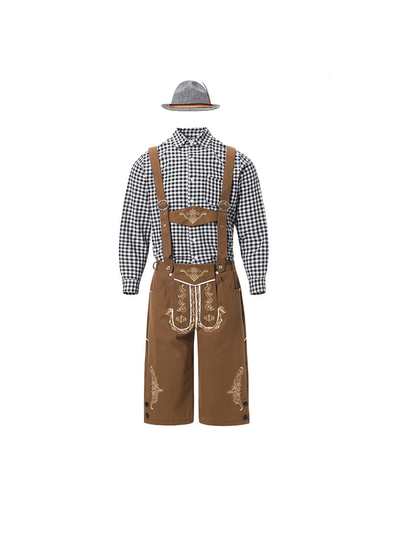 Oktoberfest Mens Outfit Lederhosen Checkered Shirt Set 82346 [black long-sleeved top + Brown suspender pants + gray hat]]