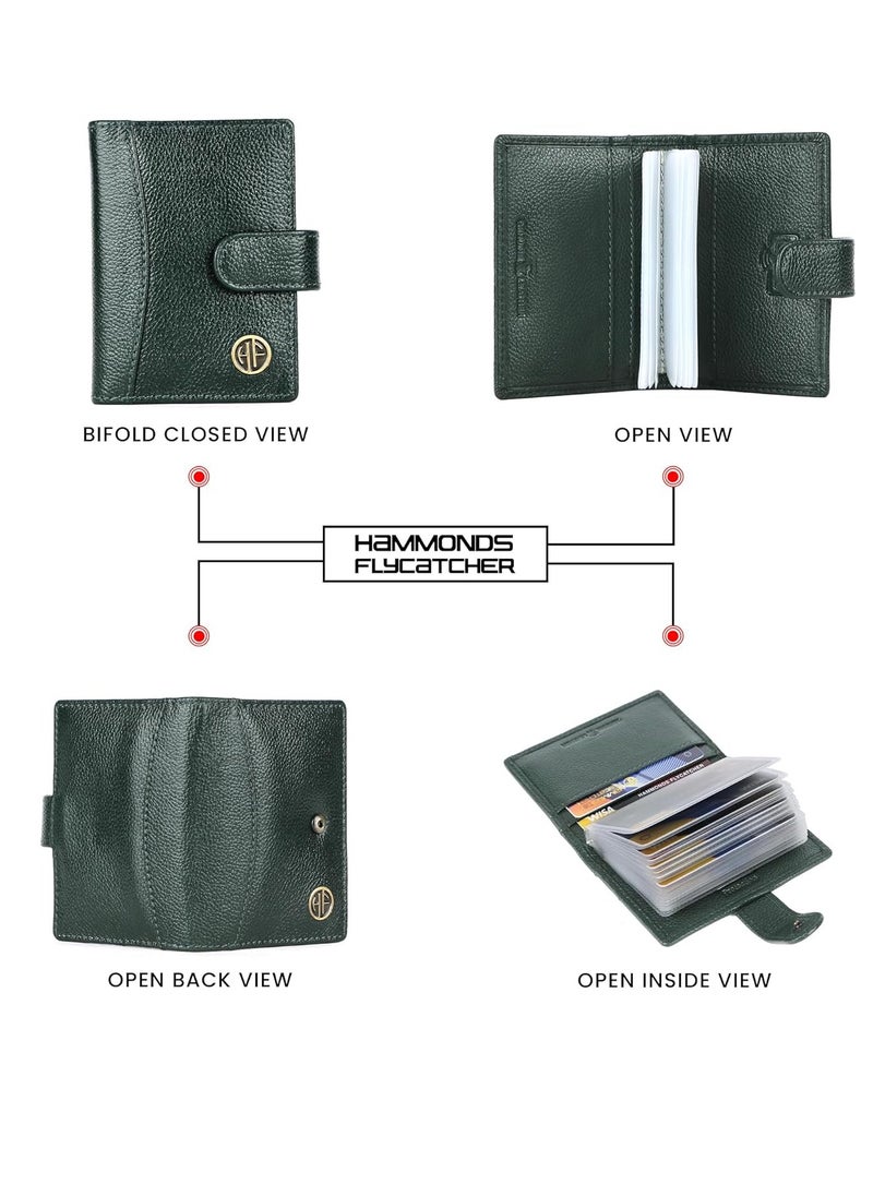 Leather Card Holder for Men, Credit Card Holder, Slim Bi-Fold RFID Protected Credit Card Wallet for Men with 18 Card Slots, Metal Snap Button - Green | CC602_GRN | 845W