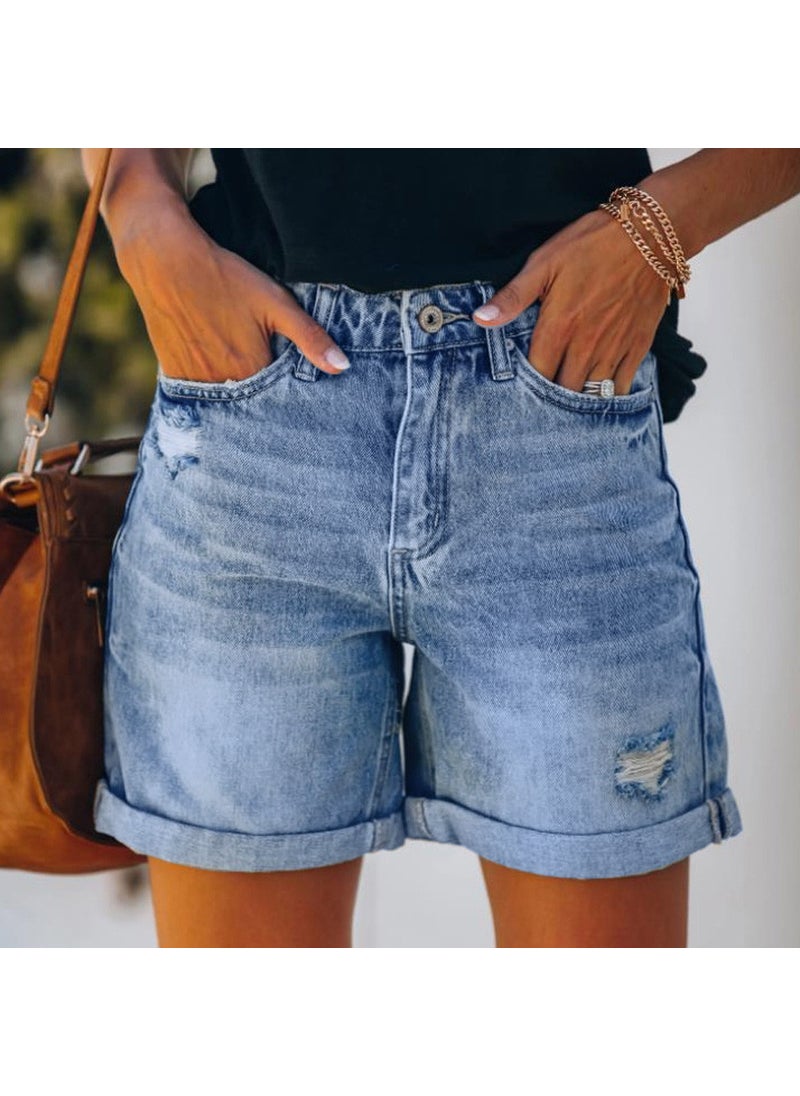 High Waist Frayed Ripped Denim Shorts for Women Blue