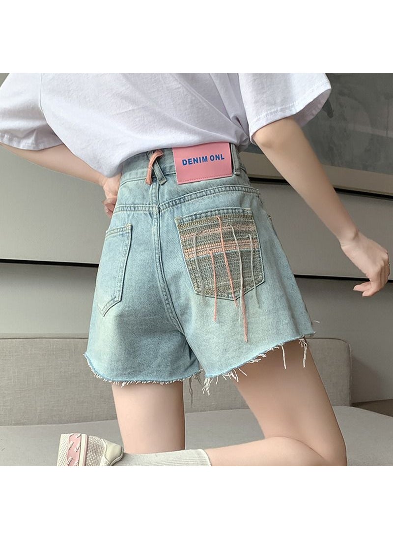 1 x 5 pcs 2023 Summer Chic Frayed Denim Shorts for Petite Women Blue