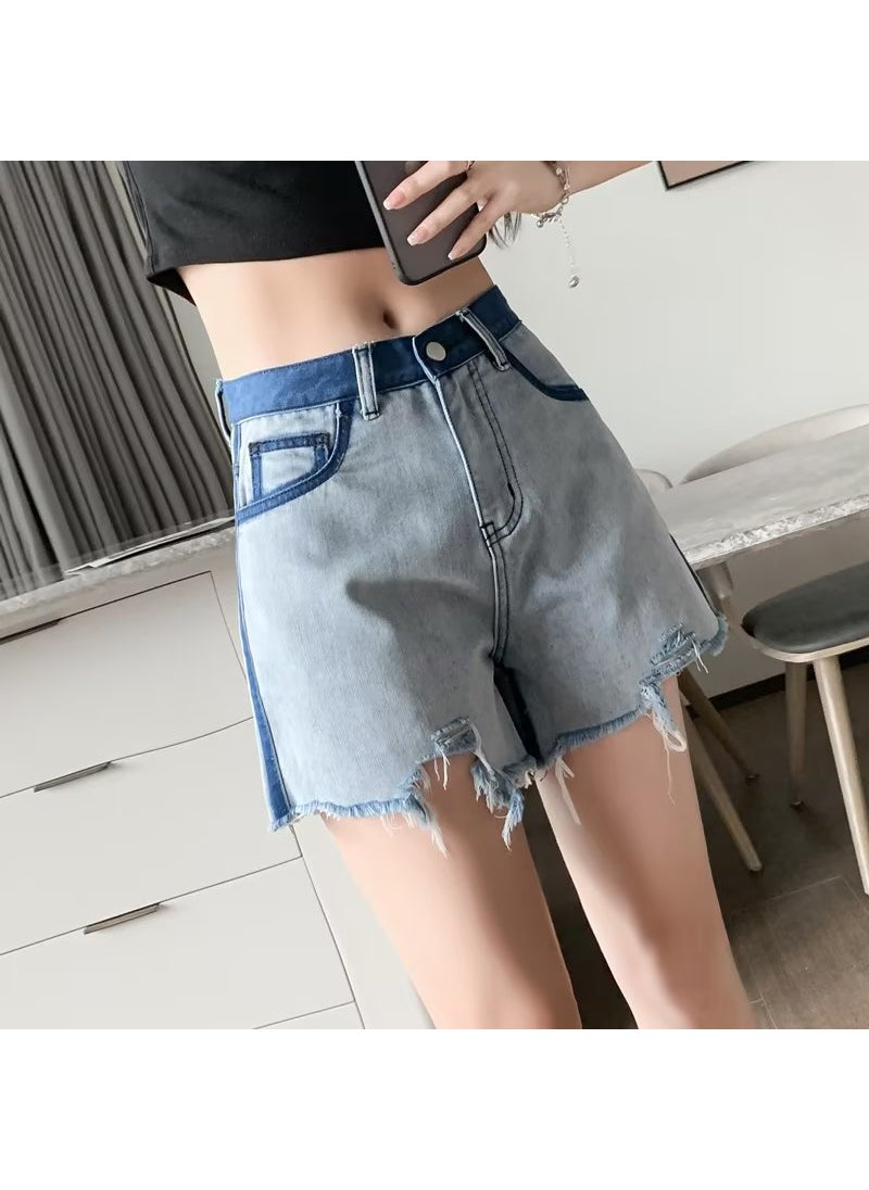 1 x 5 pcs 2023 High Waist Slimming Color-Block Denim Shorts for Women Light blue