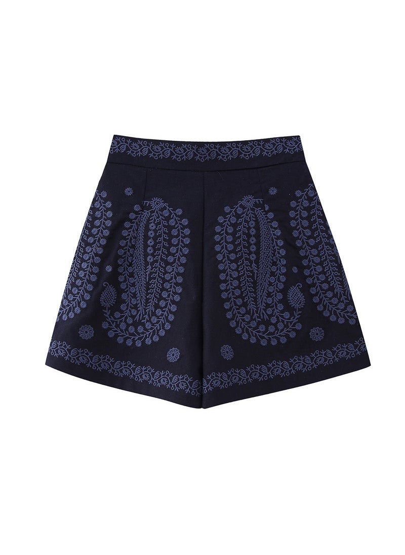 1 x 5 pcs 2024 Summer Womens Casual A-Line Shorts with Contrast Embroidery Black