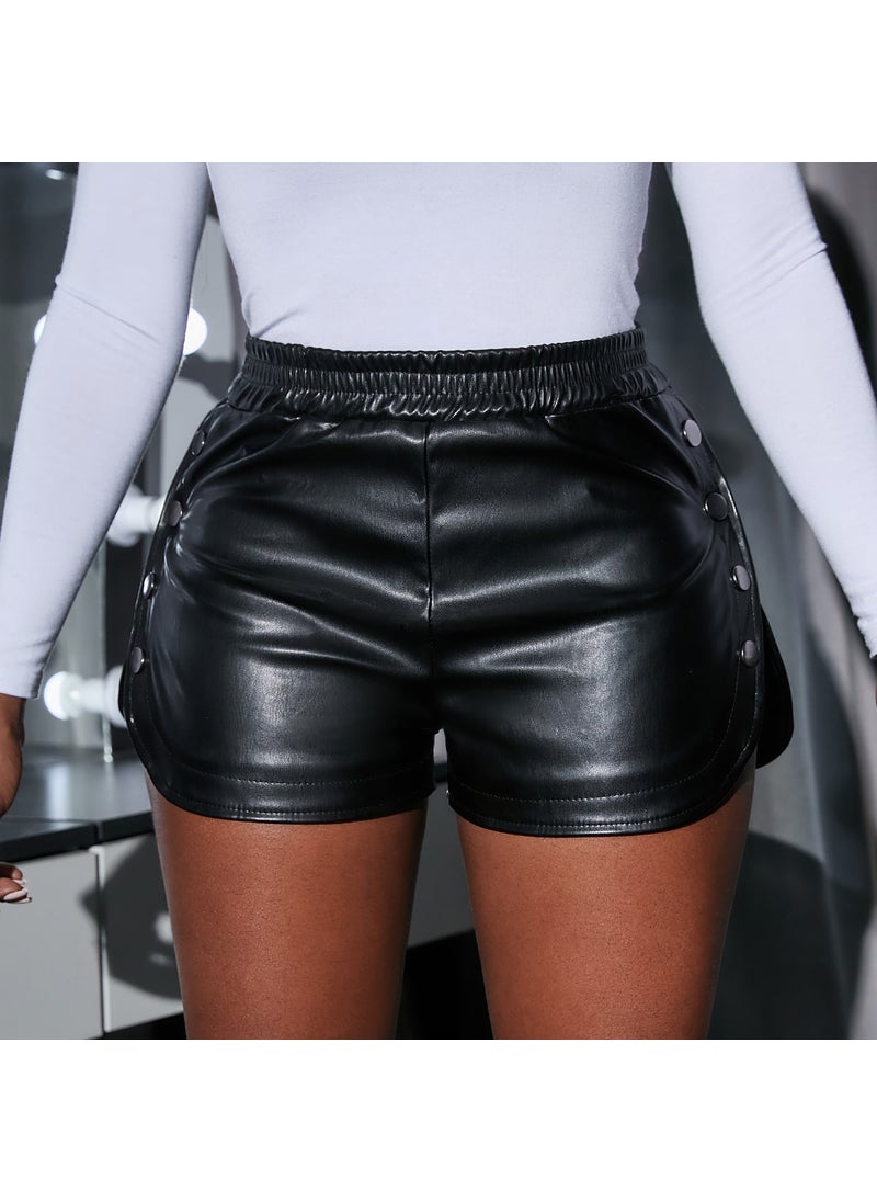 High Waist Side Button PU Leather Shorts Black